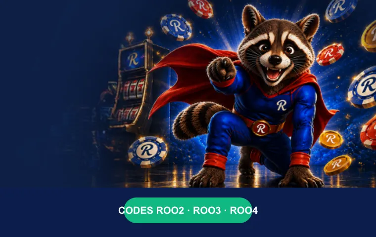 Rooli mascot in a superhero suit with chips and the ROO2, ROO3 and ROO4 bonus codes