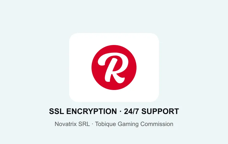 Rooli R logo with SSL encryption, 24/7 support, Novatrix SRL and the Tobique Gaming Commission