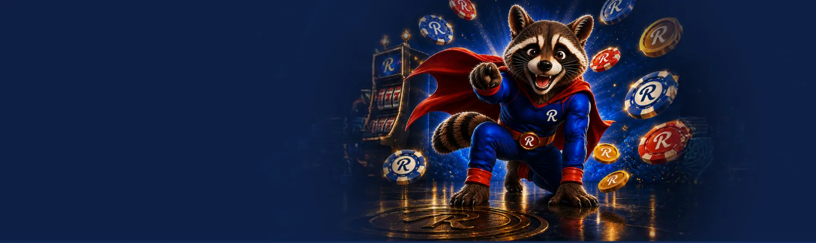 Rooli Casino welcome banner with the Roo mascot, slot reels and the 475 free spins welcome package
