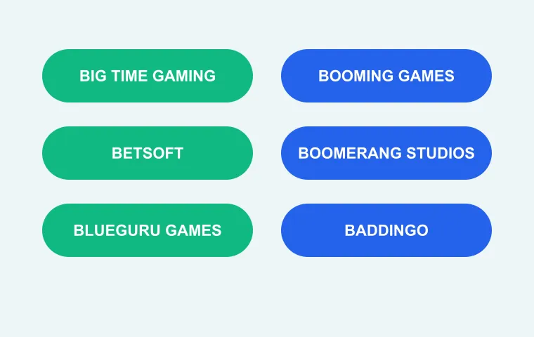 Game studios at Rooli Casino: Big Time Gaming, Booming Games, Betsoft, Boomerang Studios, Blueguru Games and Baddingo